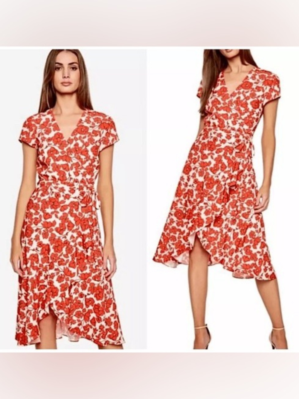 BARDOT Fiesta Floral Faux Wrap Ruffle Midi Red White Dress Size 6